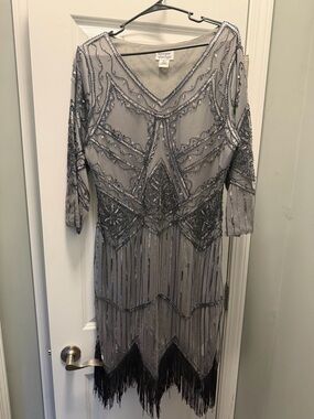 Unique Vintage Beaded Gray Fringe Long Sleeve Dress
